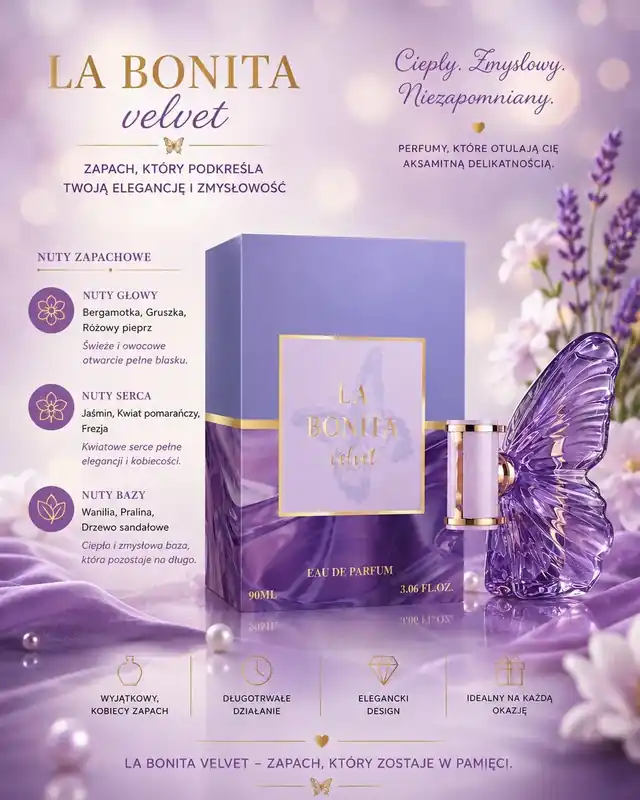 La Bonita Velvet Woda Perfumowana 90ml Fiołkowy Motyl Bezpieczna płatność