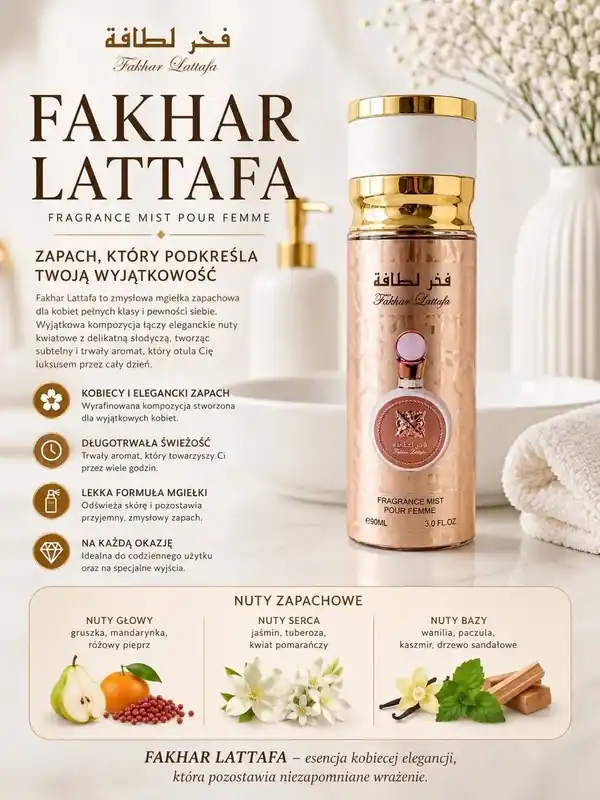 Darmowa dostawa Fakhar Lattafa mgiełka zapachowa damska 90 ml elegancka nuta kwiatowa